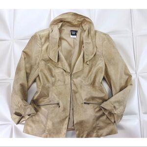 Sharon Young Sz 8 Women Ruffled Faux Suede Leather Blazer Jacket m Gold Metallic